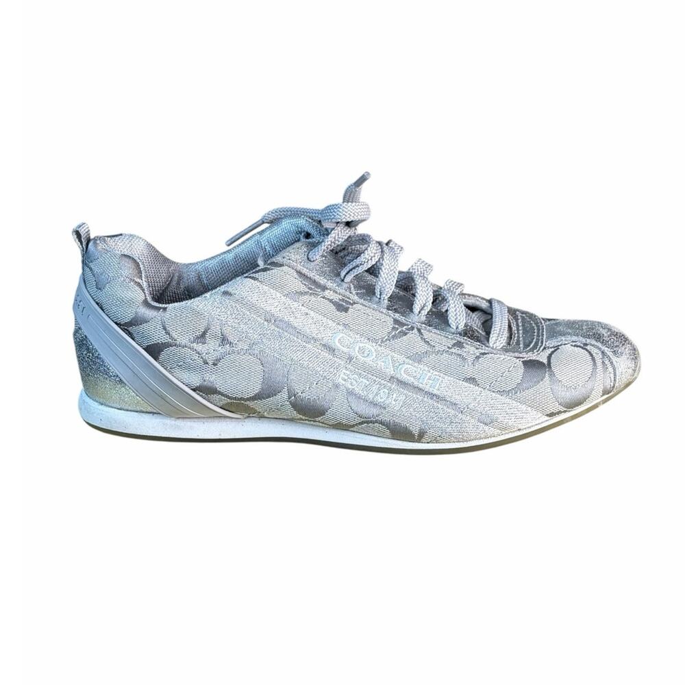 Coach Myla Silver Ecru Logo Low Top Sneakers Womens Size 7 Metallic